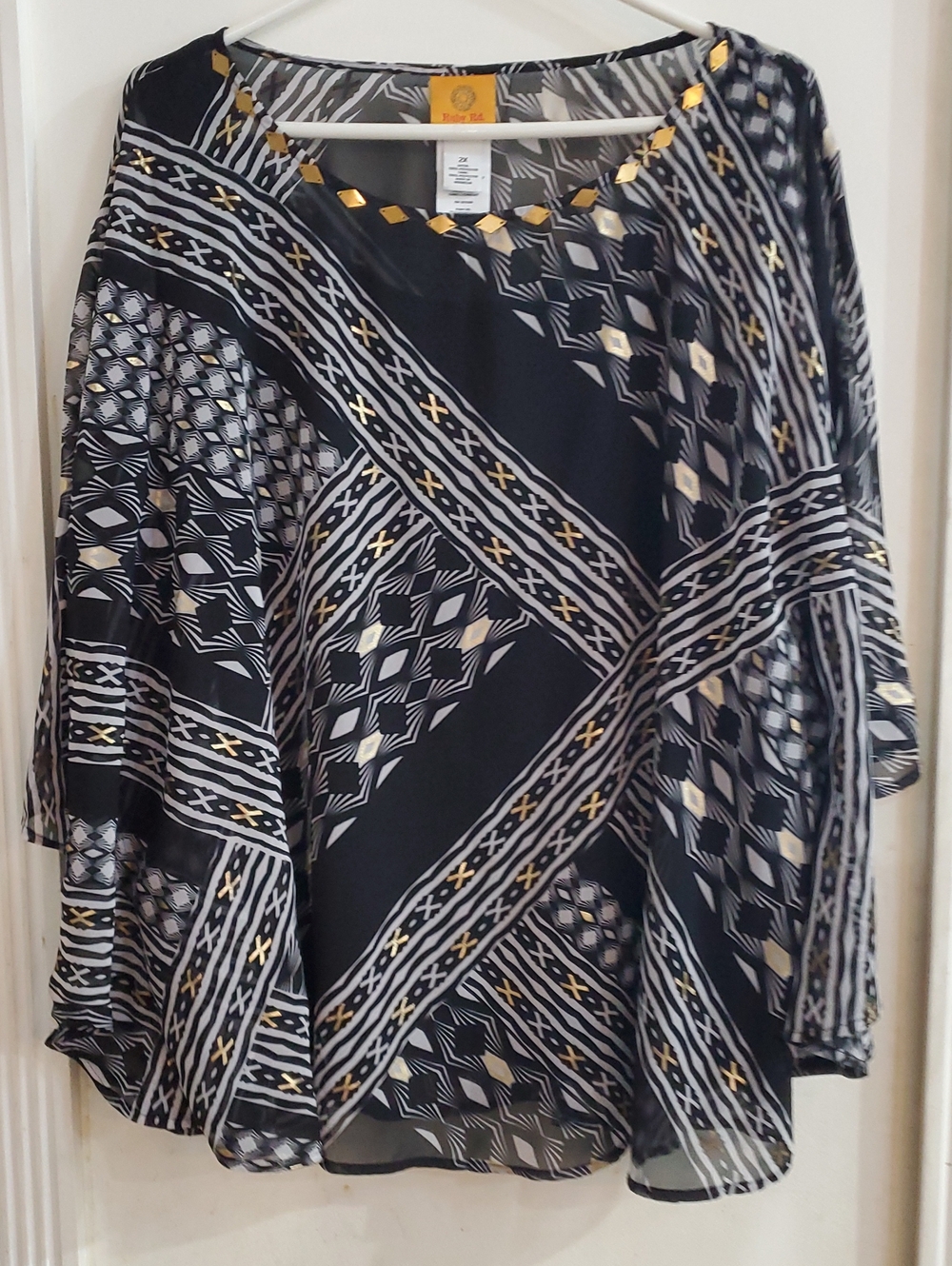 Ruby Rd 2X Blouse Poncho Style Top Black Gold